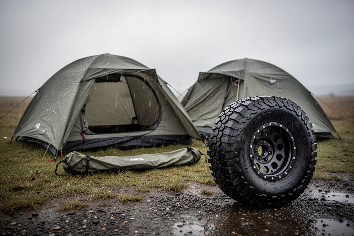 Two camping tents, a bivy sack and an all-terrain tire on wet ground under an overcast sky