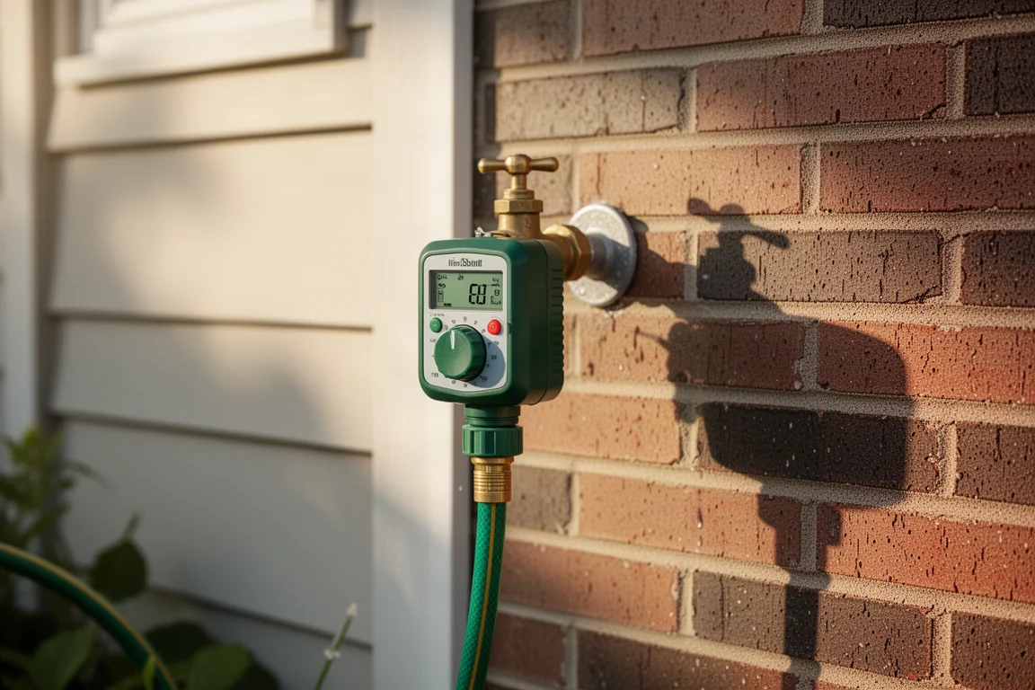 Programmateur d'arrosage de jardin raccordé à un robinet extérieur avec un tuyau d'arrosage branché