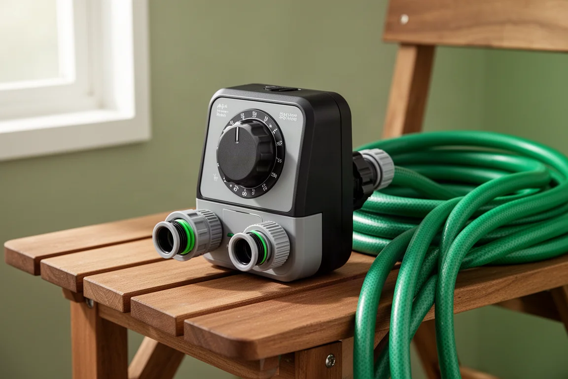 RainPoint ITV205 two-zone garden water timer on a wooden bench beside a garden hose