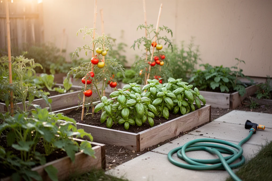 Huerto trasero con plantas de tomate y albahaca a plena luz del sol