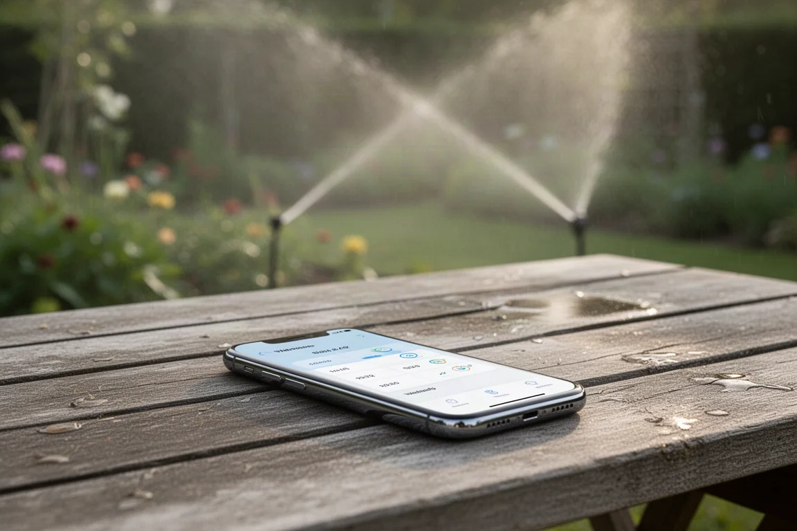 Teléfono inteligente mostrando una app de programación de riego sobre una mesa de jardín
