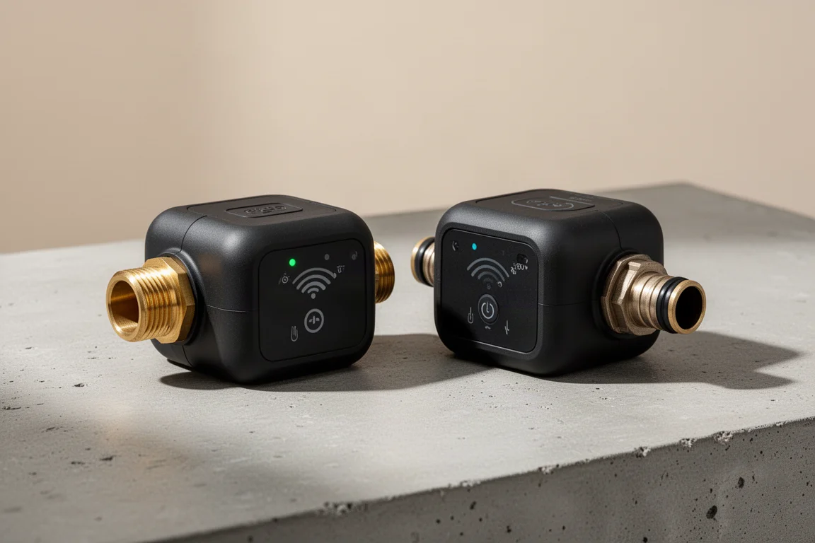 Two smart hose water timers side by side on a concrete surface