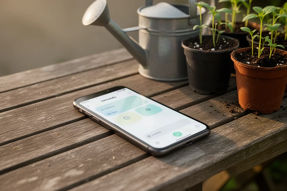 Smartphone som visar en bevattningsschemaapp på ett trädgårdsbord i trä