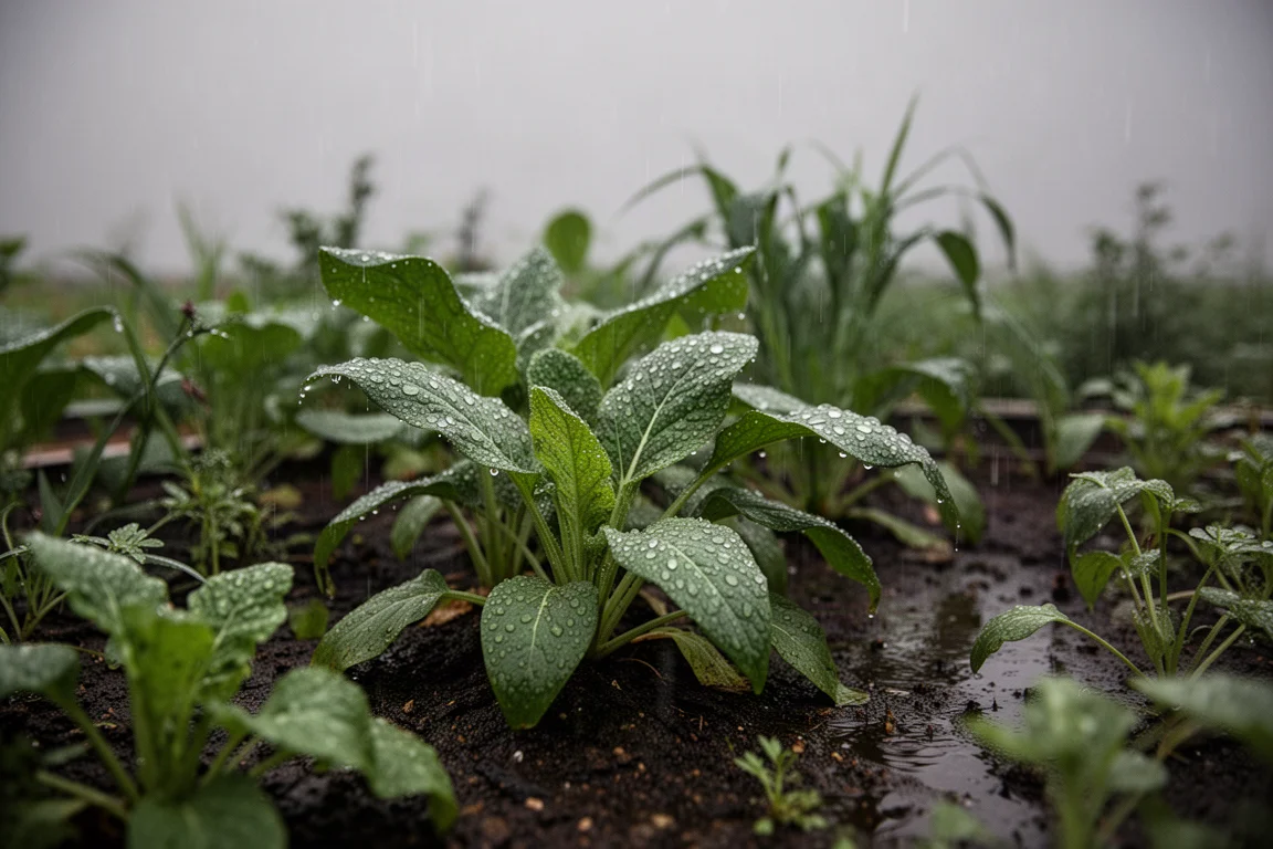 Regnvåt odlingsbädd i disigt ljus efter kraftigt regn