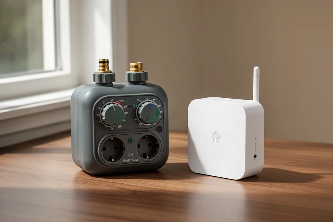 Two-outlet hose water timer and Wi-Fi gateway hub on a wooden surface