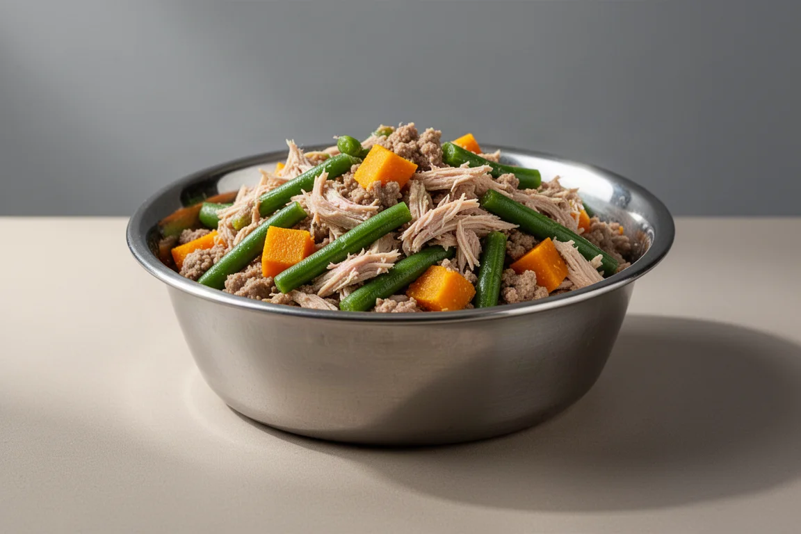 Three bowls of fresh dog food with different recipes on a wooden surface
