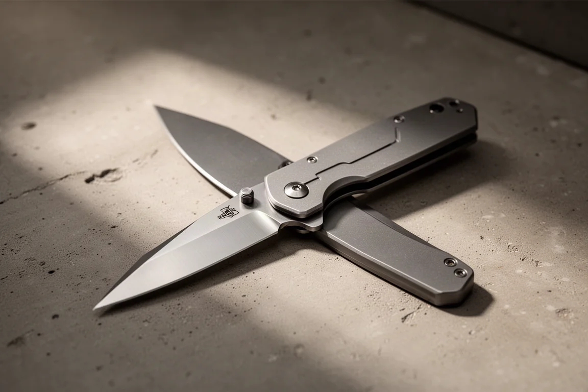 Folding knife with a tanto blade open on a concrete surface in soft light