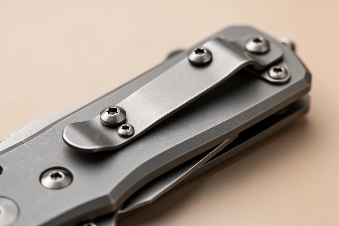 Close-up of a knife pocket clip with visible proud screws