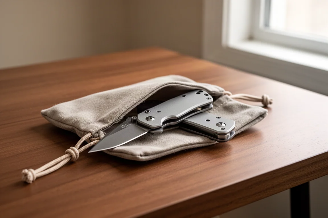 A pocket knife resting inside a soft protective carry case