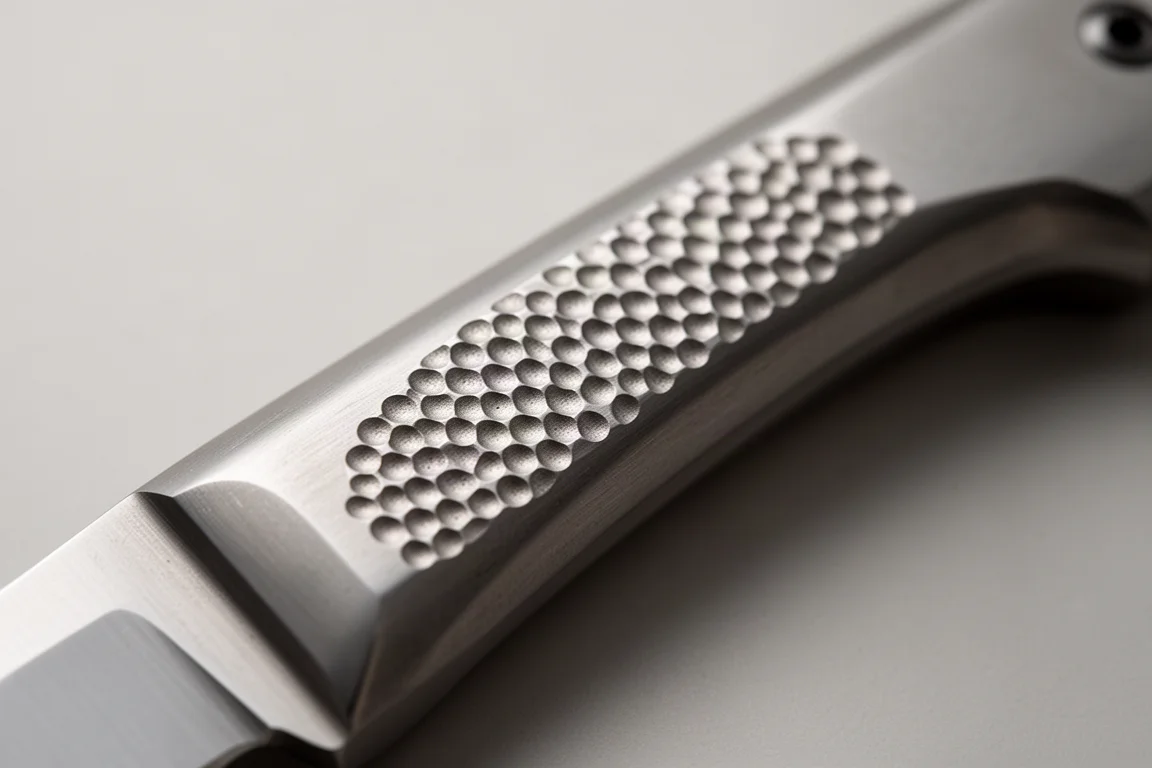 Detail of rounded jimping and smooth titanium finish on a knife handle