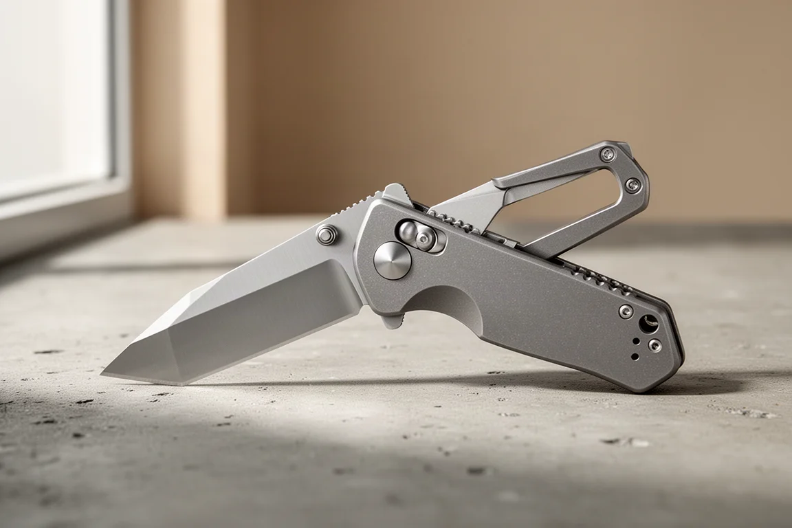 Titanium folding knife with a tanto blade resting open on a concrete surface