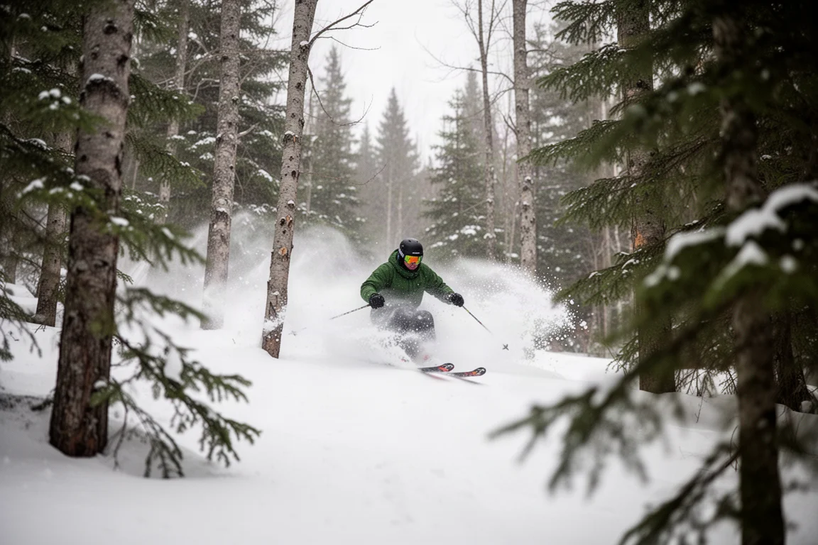 Skifahrer windet sich in weichem Schnee durch einen beschneiten Baumhang