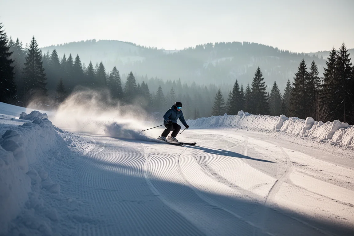Skifahrer carve eine präparierte Piste mit weichem Schnee an den Rändern