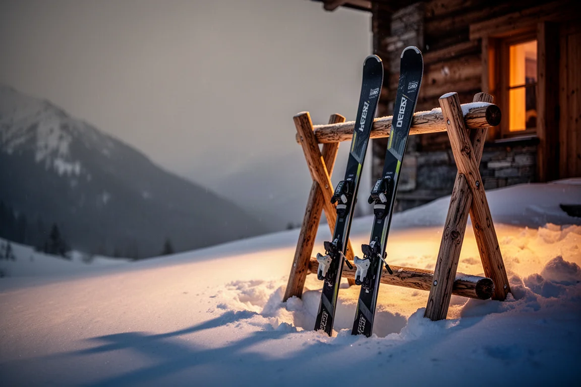 All-Mountain-Skier lehnen in der Dämmerung an einem Holzständer