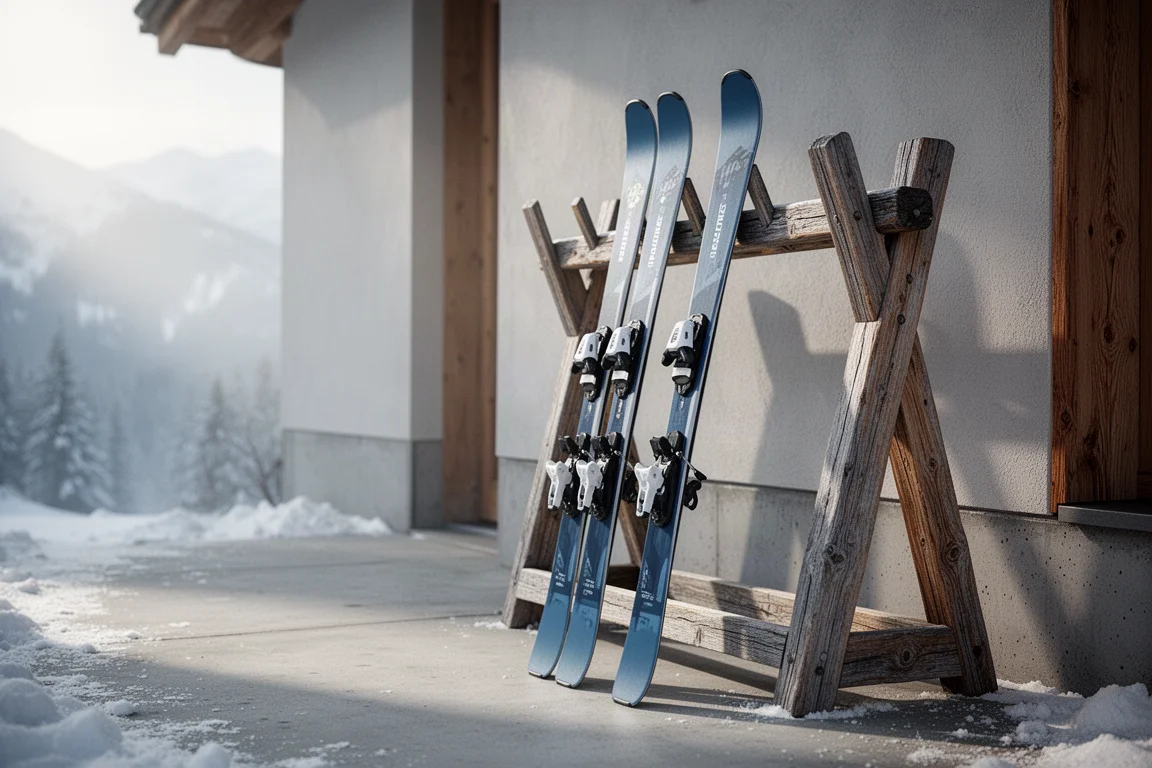 Pair of mid-width all-mountain skis leaning against a wooden rack outside a mountain lodge