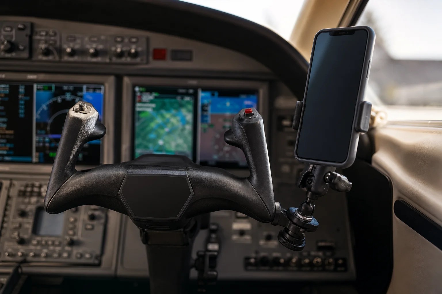 Smartphone mounted on aircraft yoke mount in confined cockpit space