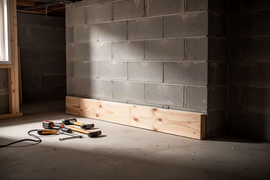 Basement wall with a pine 2x4 stud held against a cinder block surface