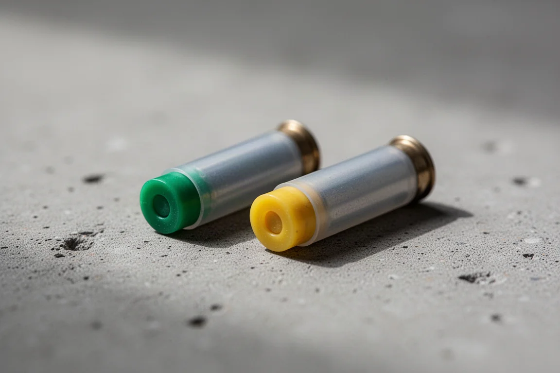 Close-up of green and yellow powder-actuated cartridges side by side