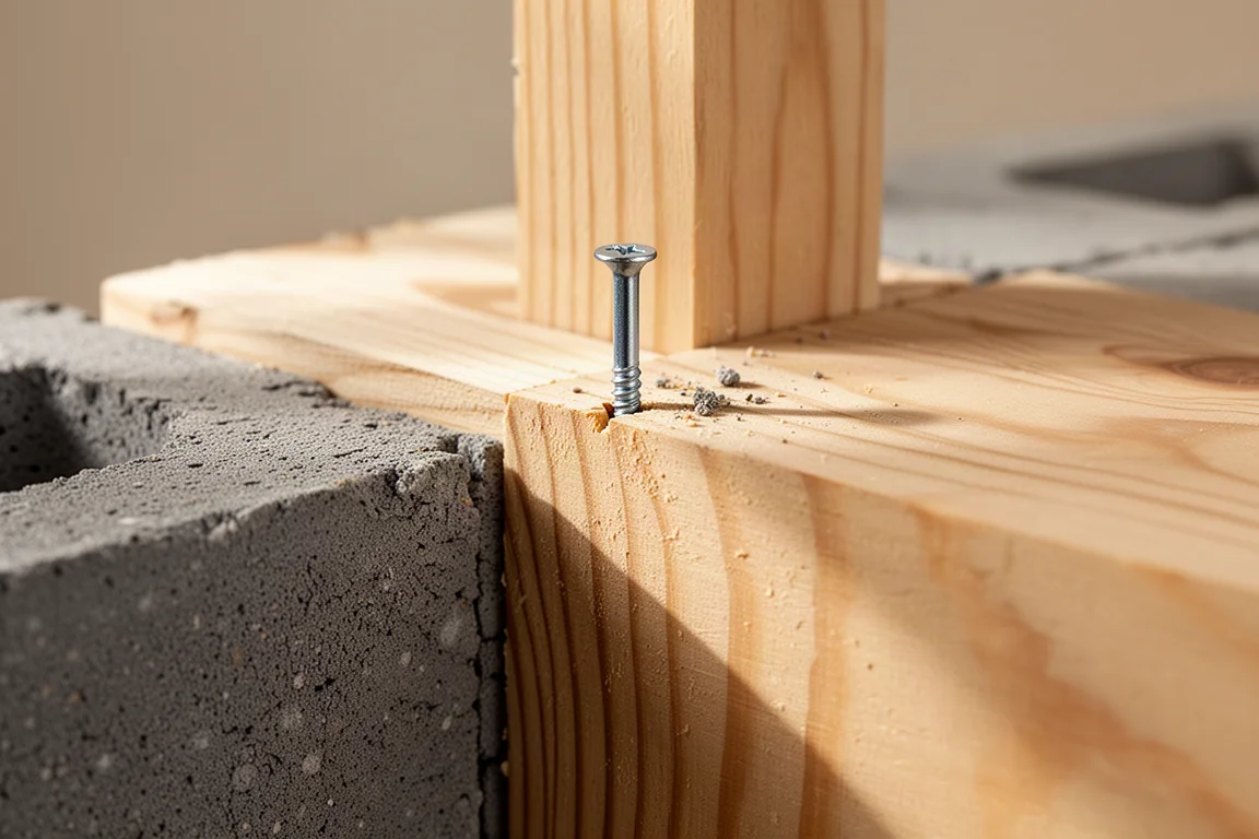 A masonry nail driven flush into a pine stud against a cinder block