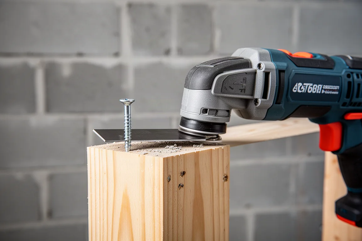 Oscillating tool blade cutting through a nail head on a fastened stud