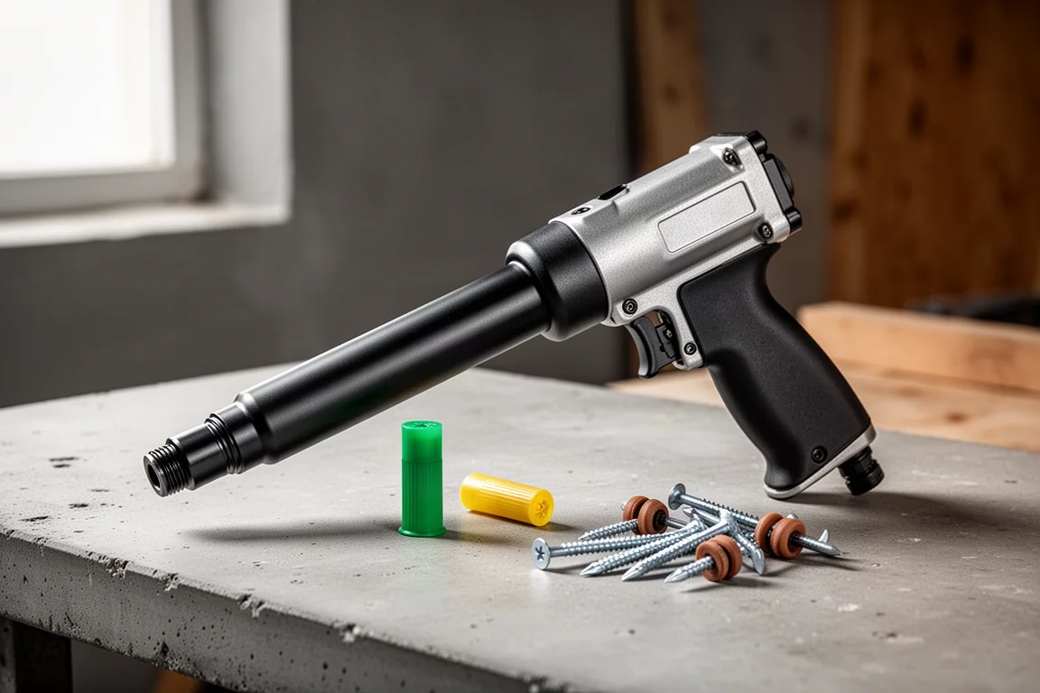 Ramset powder-actuated tool with cartridges and masonry nails on concrete surface