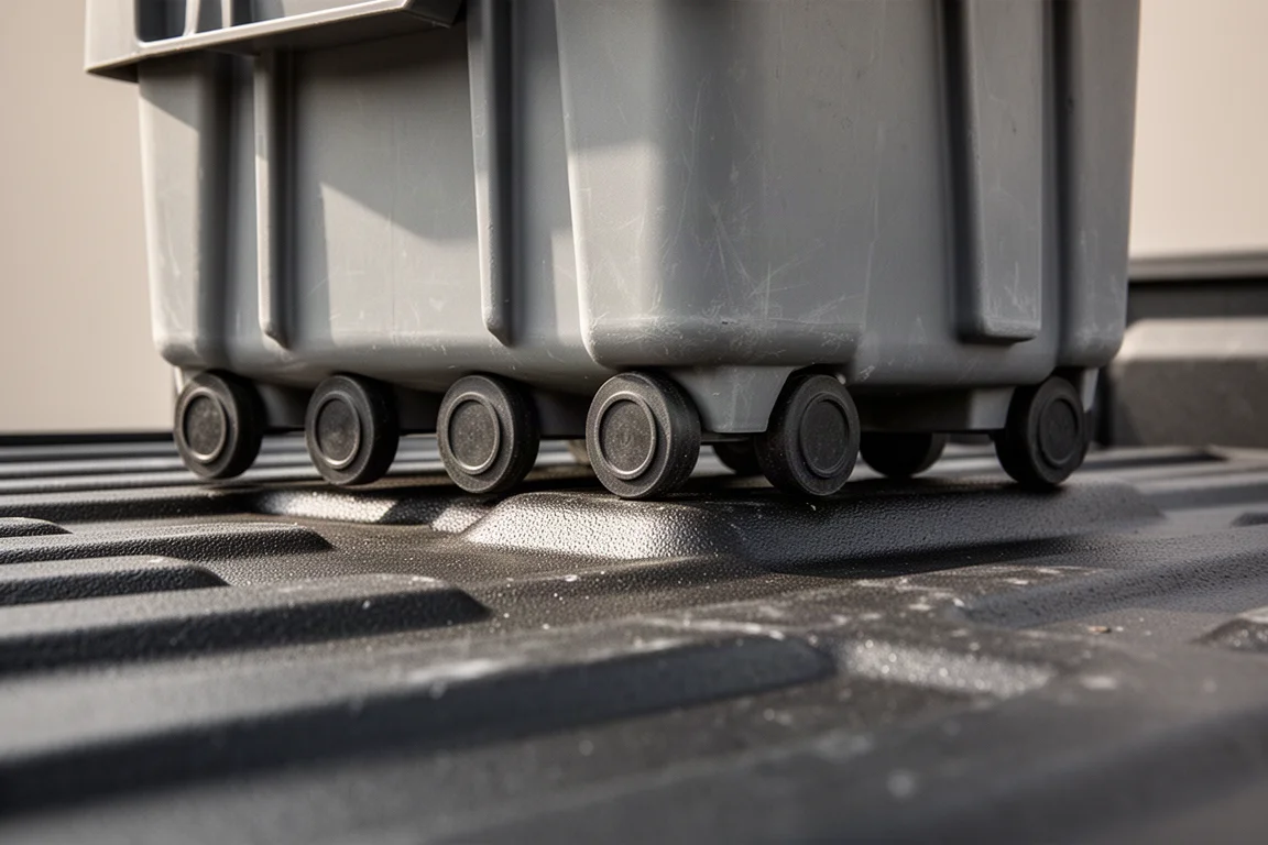 Fondo di un cassonetto cargo con sei piedini in gomma che aderiscono alla superficie verniciata di un cassone di pick-up