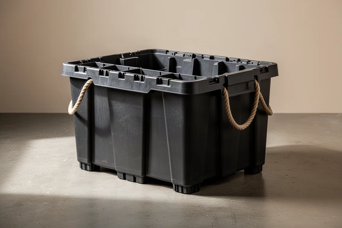 Large modular plastic cargo bin with rope handles and divider panels on a concrete floor
