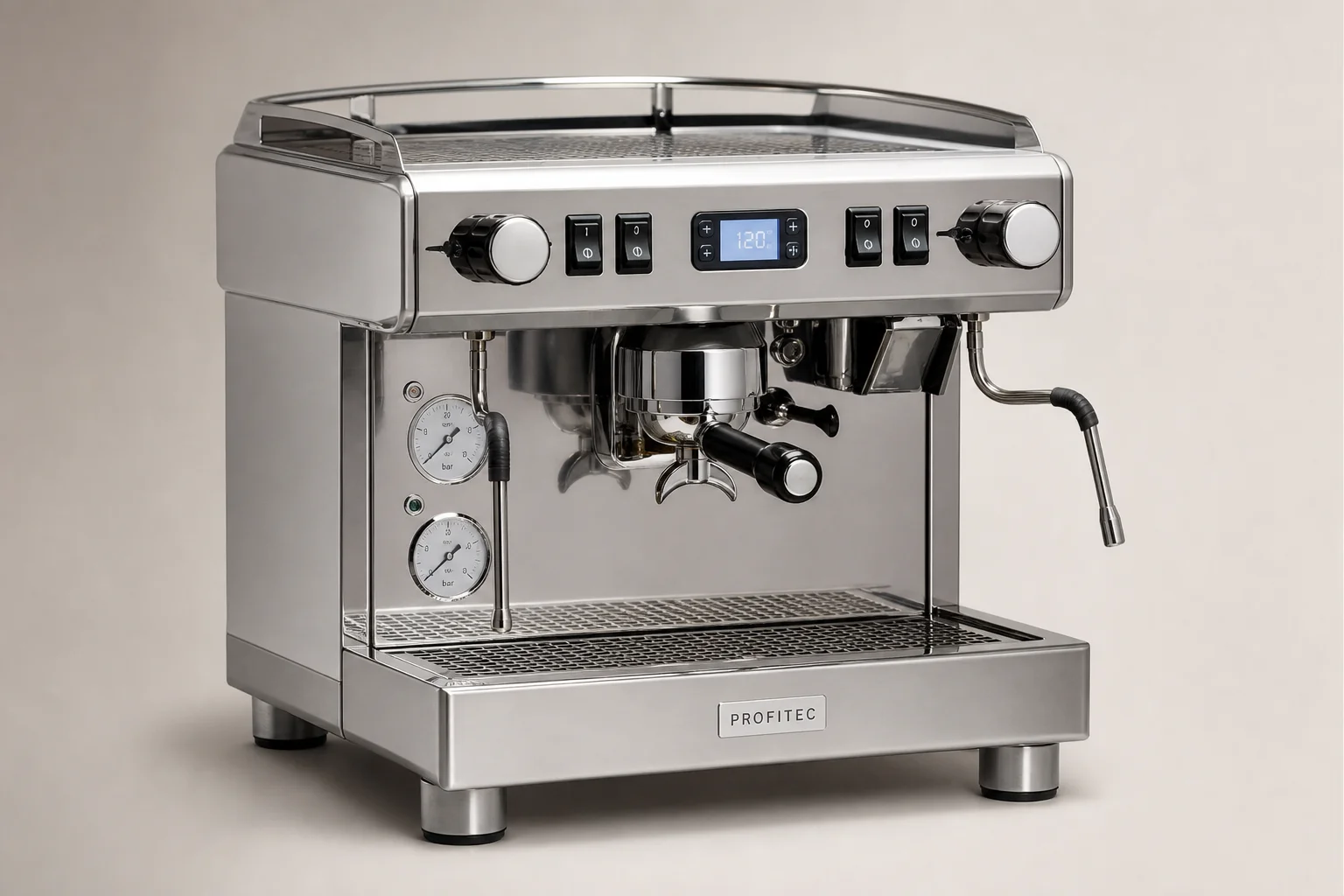 Six espresso machines arranged on concrete surface showing different designs and sizes