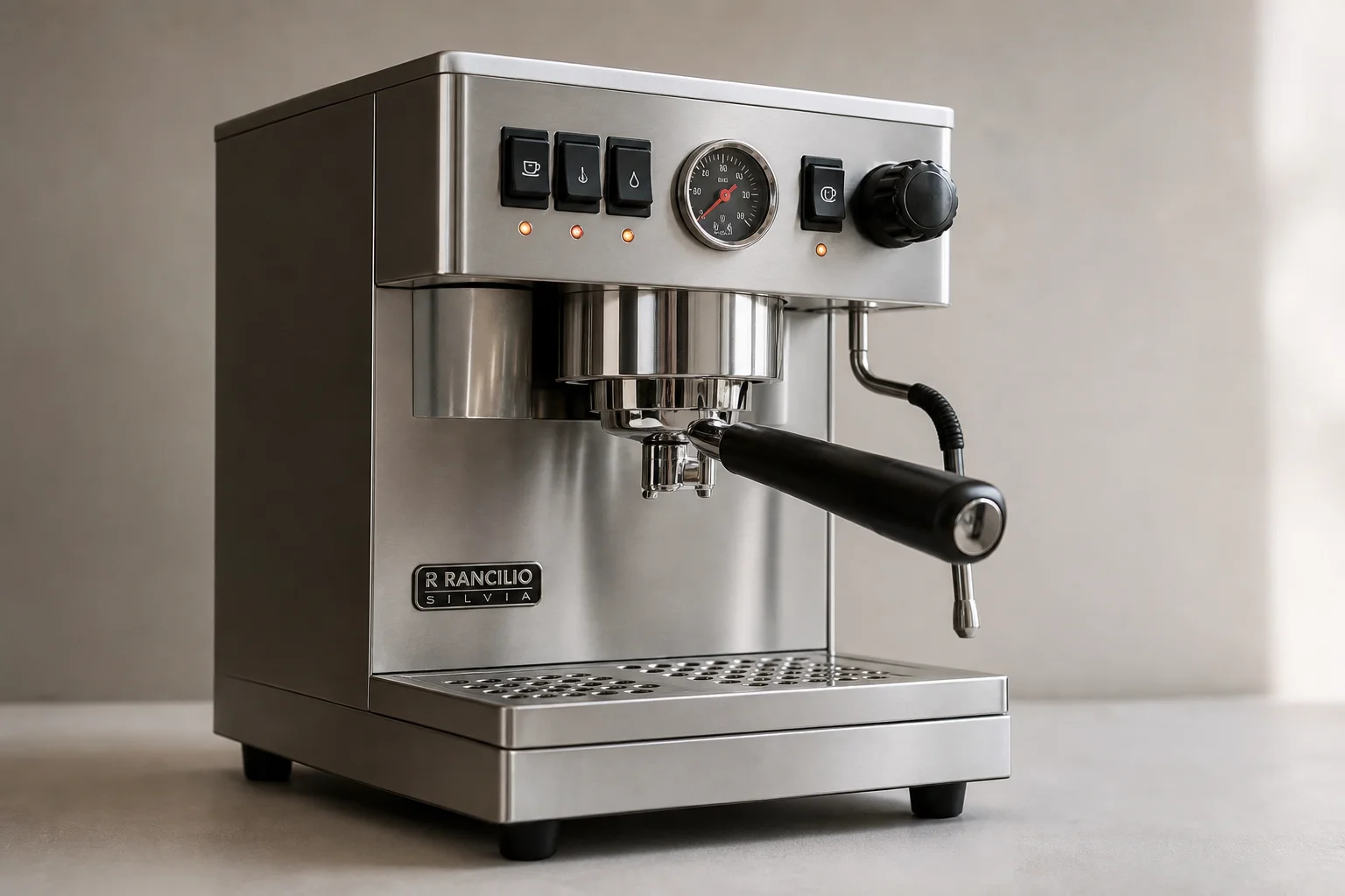 Five home espresso machines arranged in a line on concrete surface