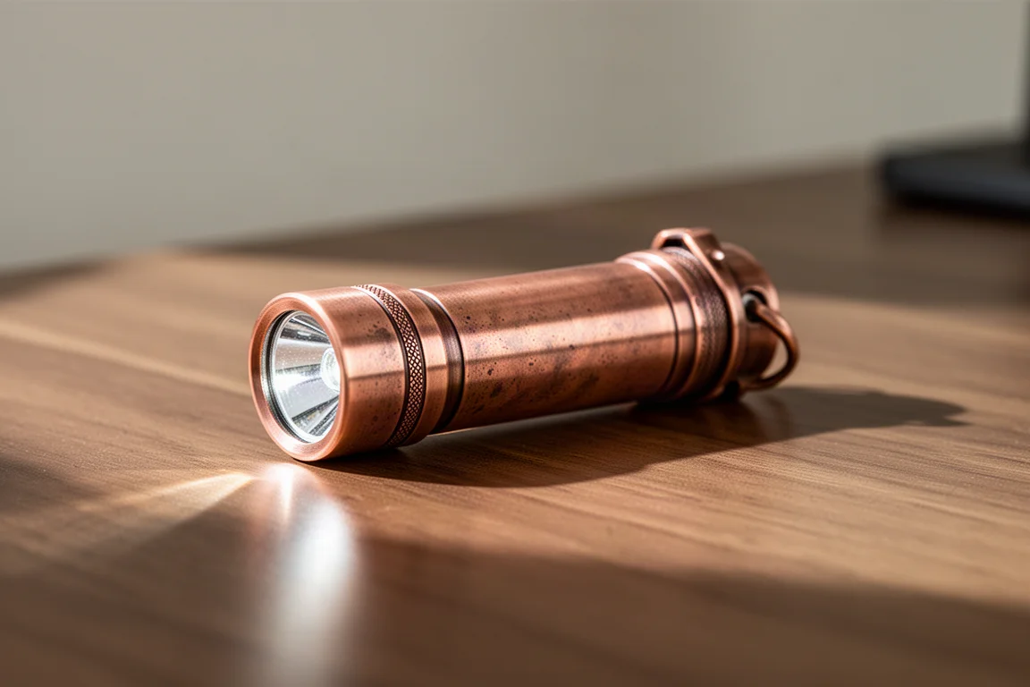 Solid copper pocket flashlight with a warm patina resting on a wooden desk