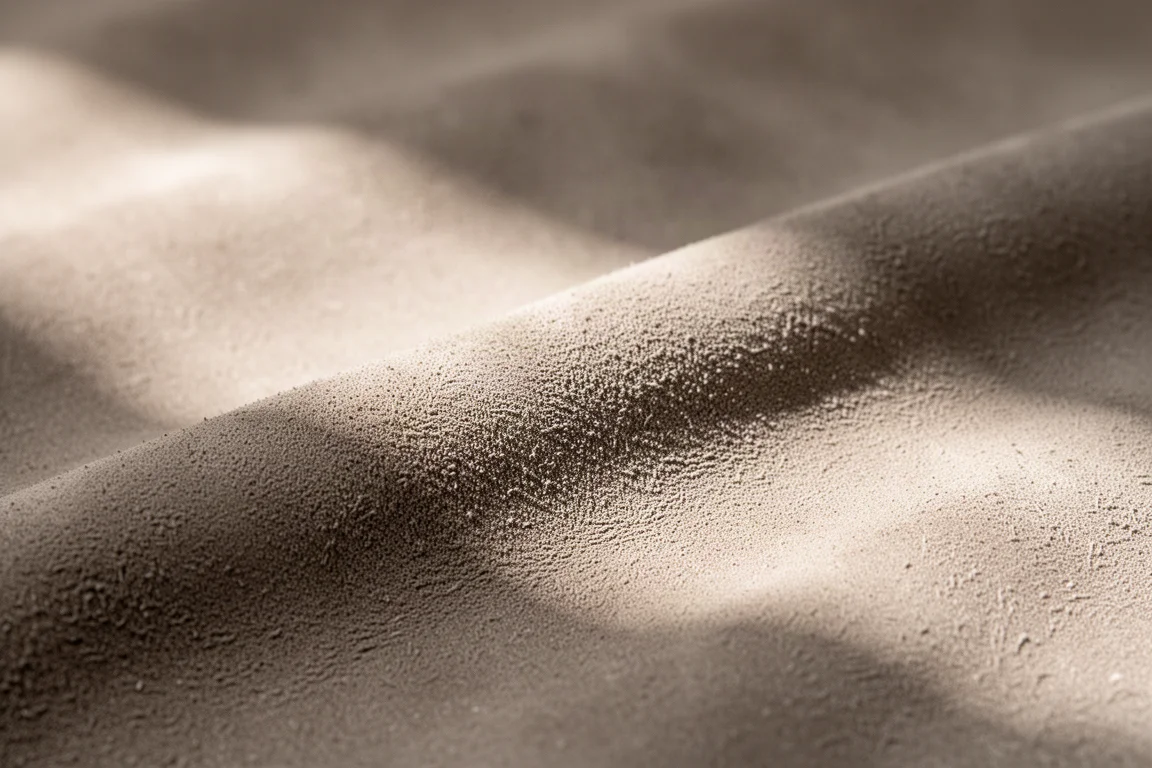 Stone-colored suede leather wallet showing fine grain texture in soft light