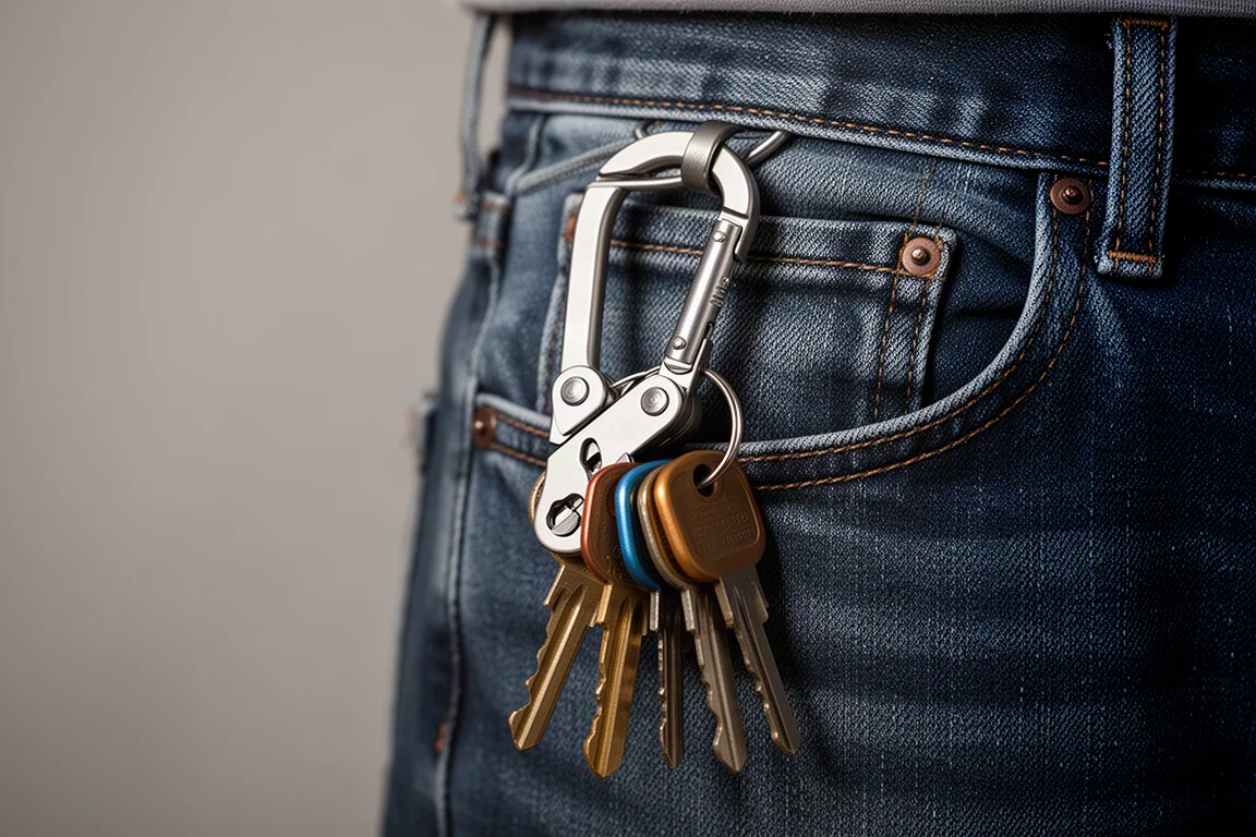 Titanium carabiner multi-tool clipped to a belt loop with keys attached