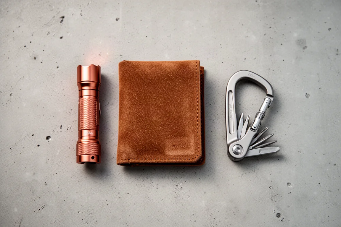 Flat-lay of everyday carry items arranged on a concrete surface