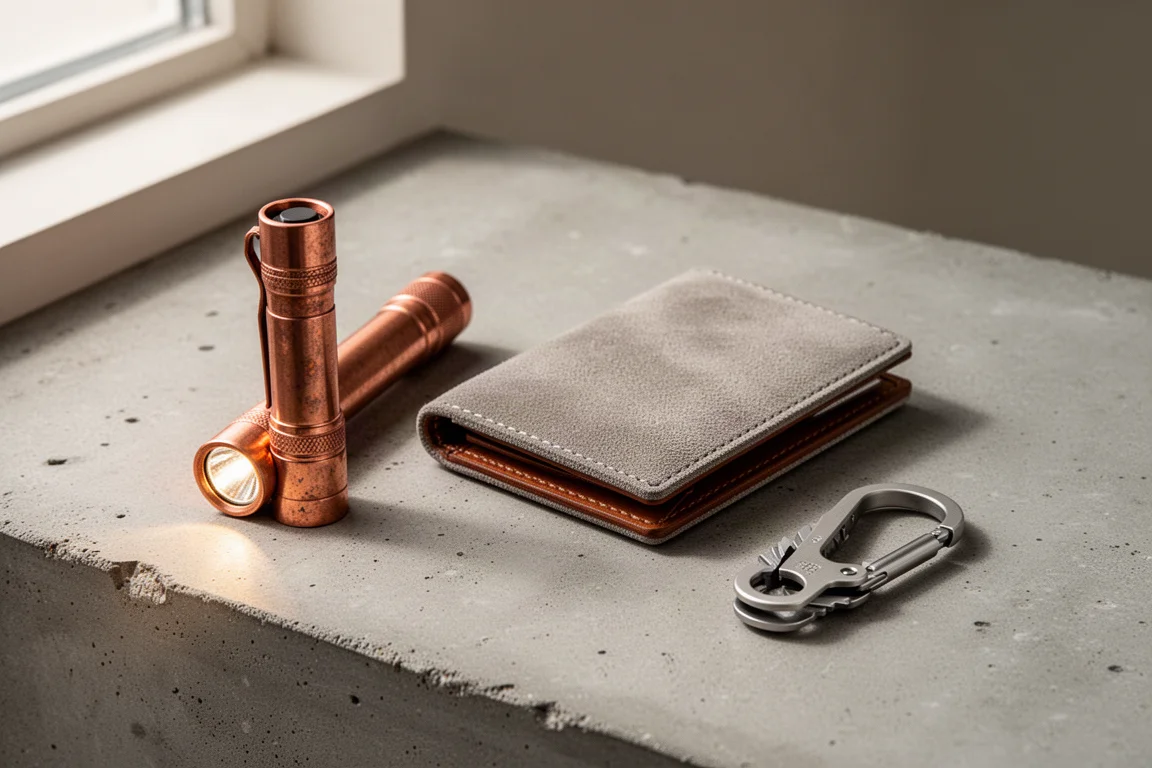 Copper flashlight, suede wallet, and titanium carabiner multi-tool on concrete