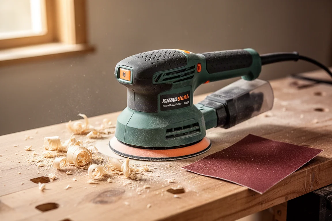 Exzenterschleifer auf einer Holzwerkbank mit Holzspänen in der Nähe