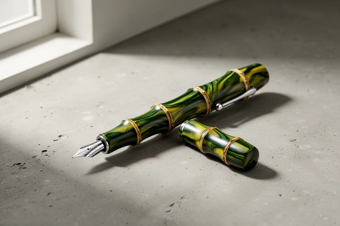 Green and yellow ebonite fountain pen shaped like a bamboo stalk on concrete