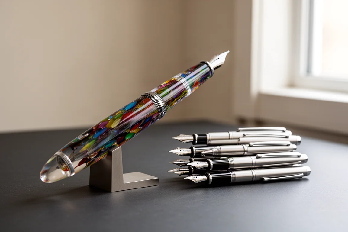 Large acrylic fountain pen on a pen stand beside a stack of smaller pens for scale