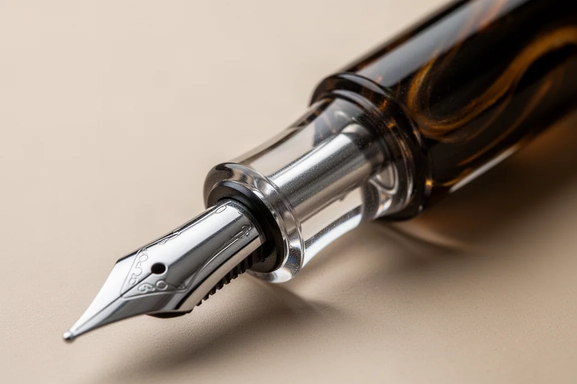 Close-up of an hourglass-shaped acrylic grip section and steel nib