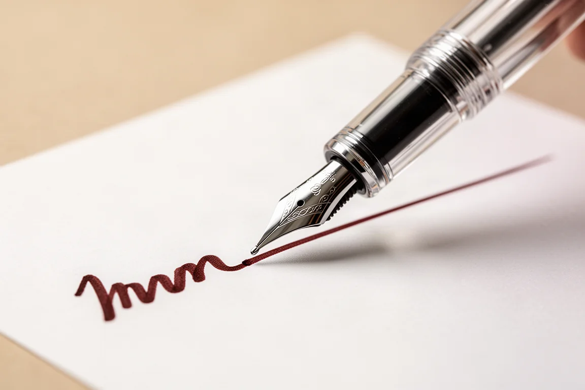 Fountain pen writing a smooth broad line on white paper