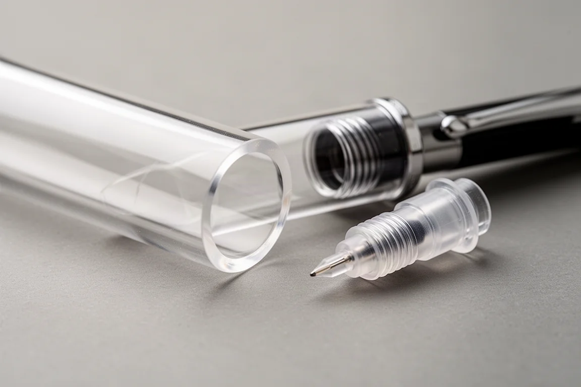 Fountain pen barrel unscrewed beside a screw-on ink converter