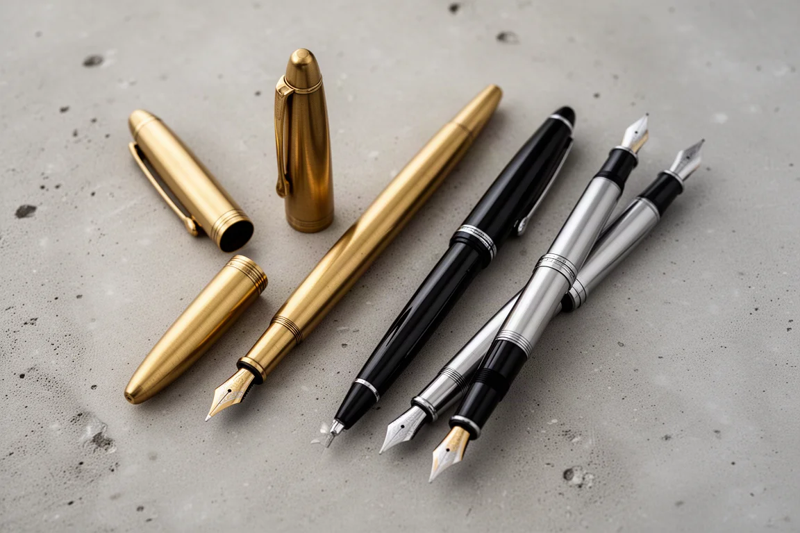 Stylo-plume oversize en laiton à côté d'autres grands stylos-plumes pour comparaison de taille