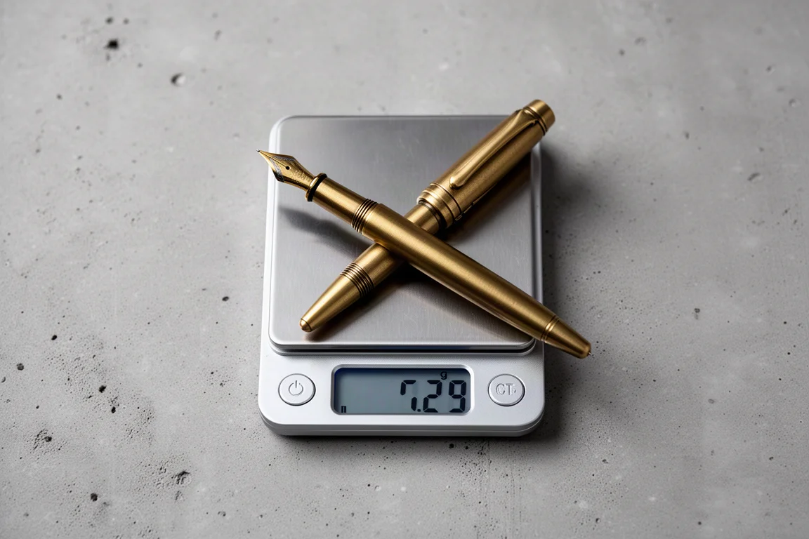 Balance de poche numérique pesant un lourd stylo-plume en laiton à 255 grammes