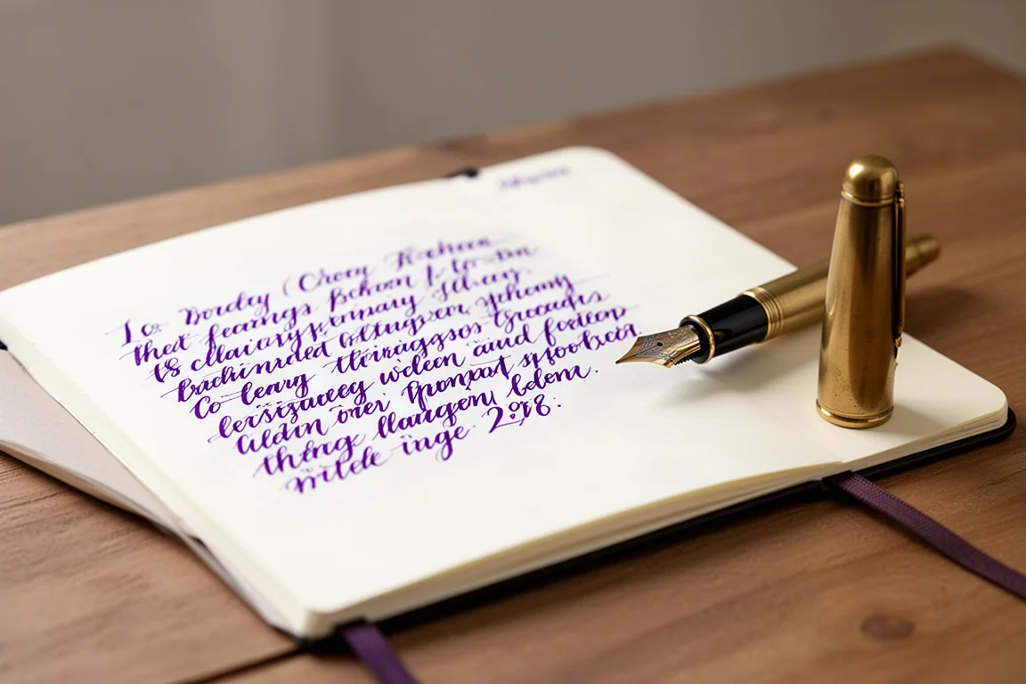 Échantillon d'écriture à l'encre violette saturée avec une plume large de stylo-plume