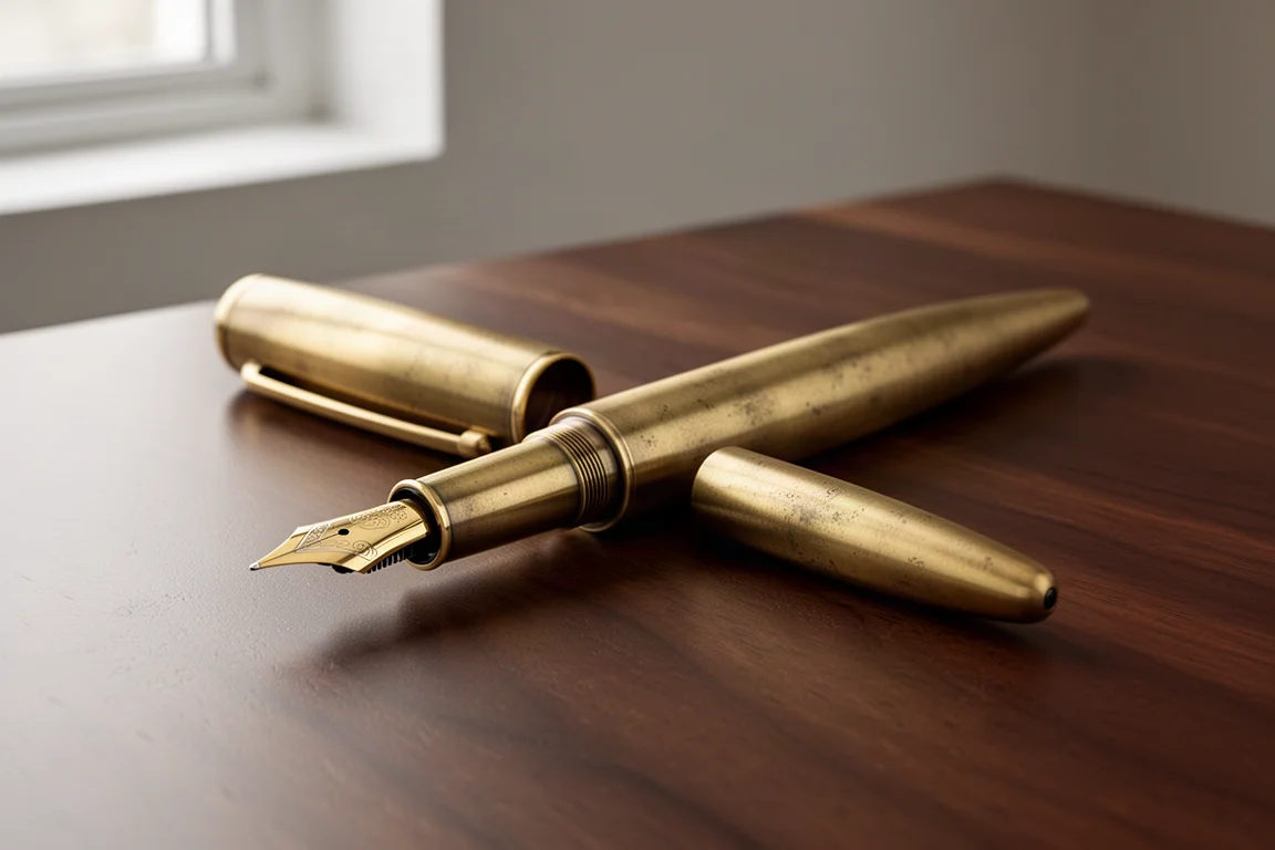 Oversized brass fountain pen with gold nib on a dark wooden desk