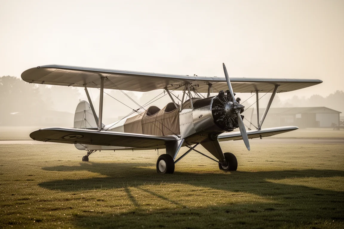 Leichtflugzeug mit Stoffrumpf und komplett Metallflügel, geparkt auf einem Grasflugplatz