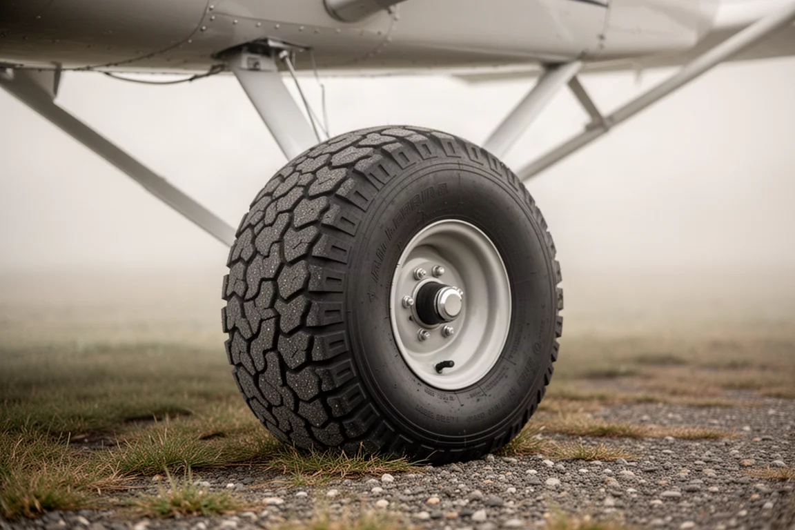 Nahaufnahme großer, weicher Tundra-Reifen an einem Taildragger