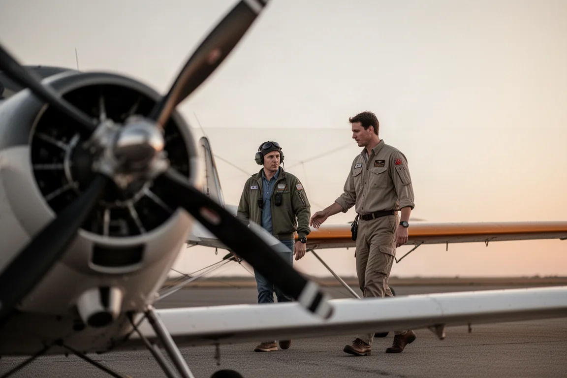 Pilot bei der Vorflugkontrolle neben einem Taildragger in der Dämmerung