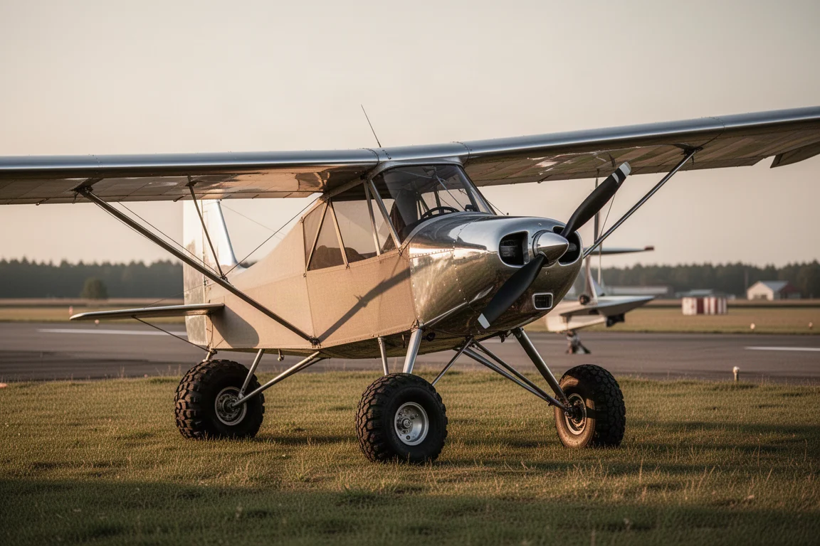Fabric fuselage light aircraft with all-metal wing parked on grass at an airstrip