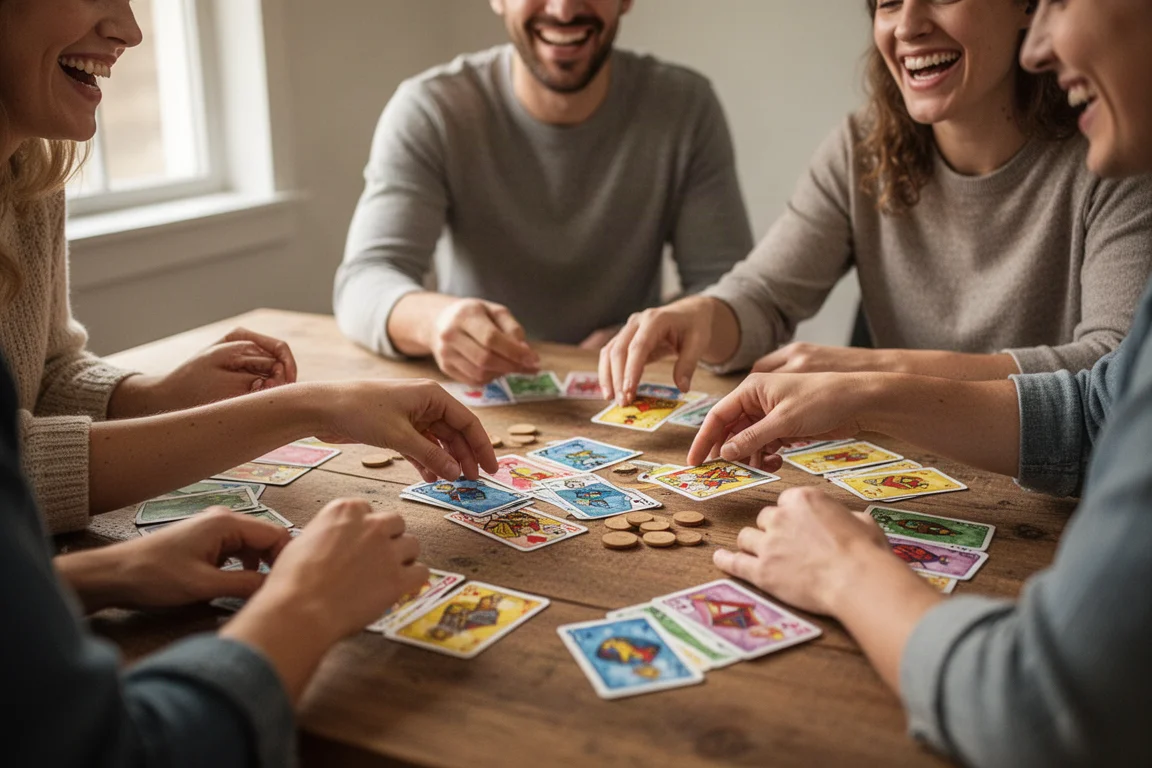 Freundesgruppe spielt ein Kartenspiel an einem Holztisch mit bunten Karten und Spielsteinen