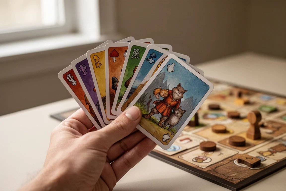 Nahaufnahme der Hand eines Spielers mit bunten Spielkarten, im Hintergrund ein Spielbrett